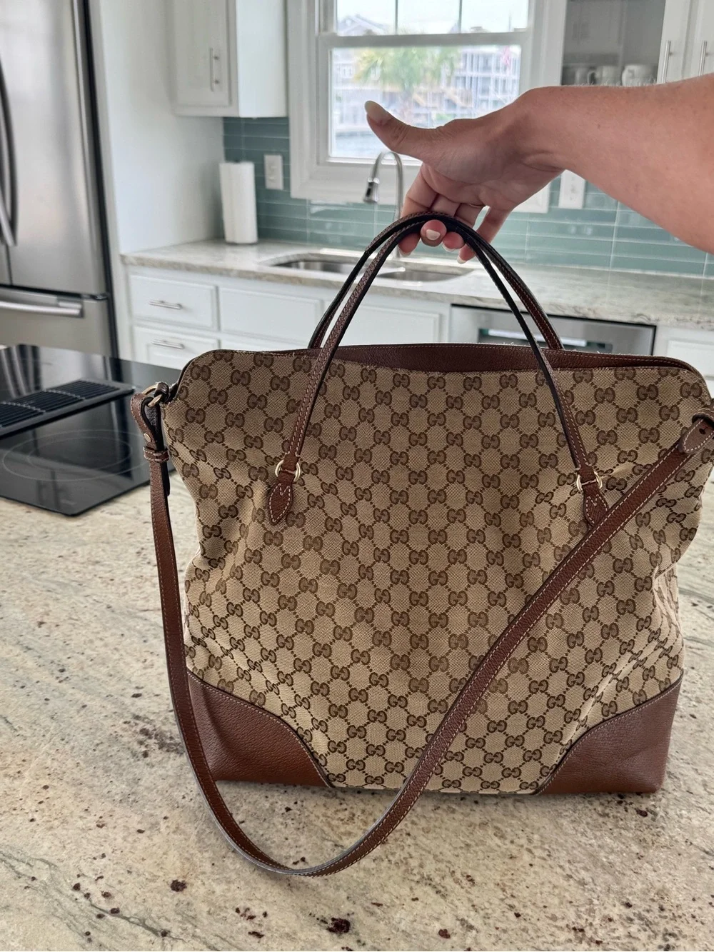 🔹 Gucci Beige GG Canvas Two Way Shoulder Bag Interlocking 100% Authentic